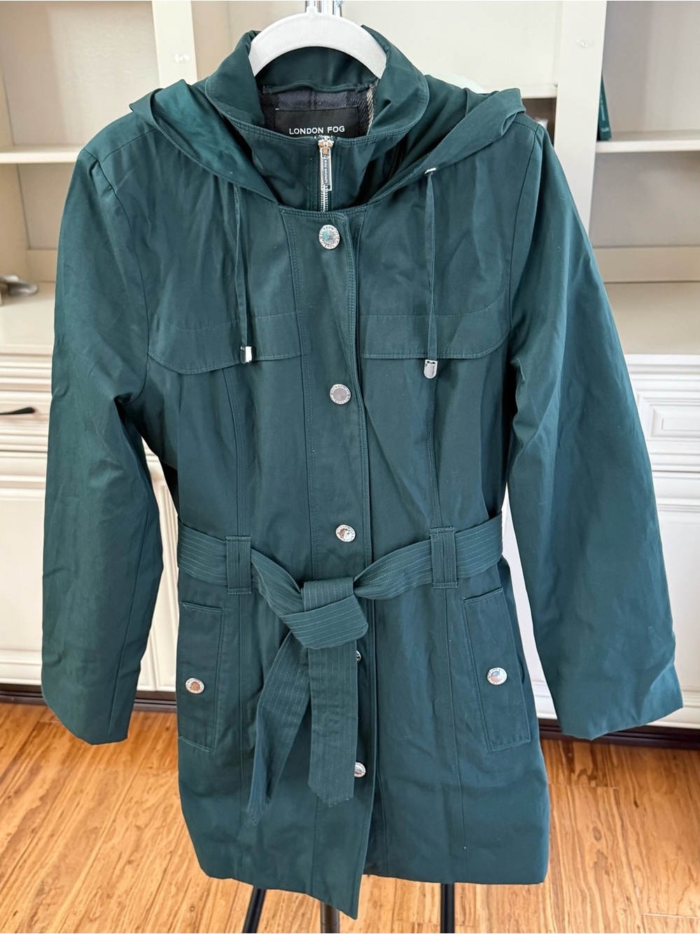 London Fog Hooded Belted Trench Rain Coat Zip Front Dk Green Sz S